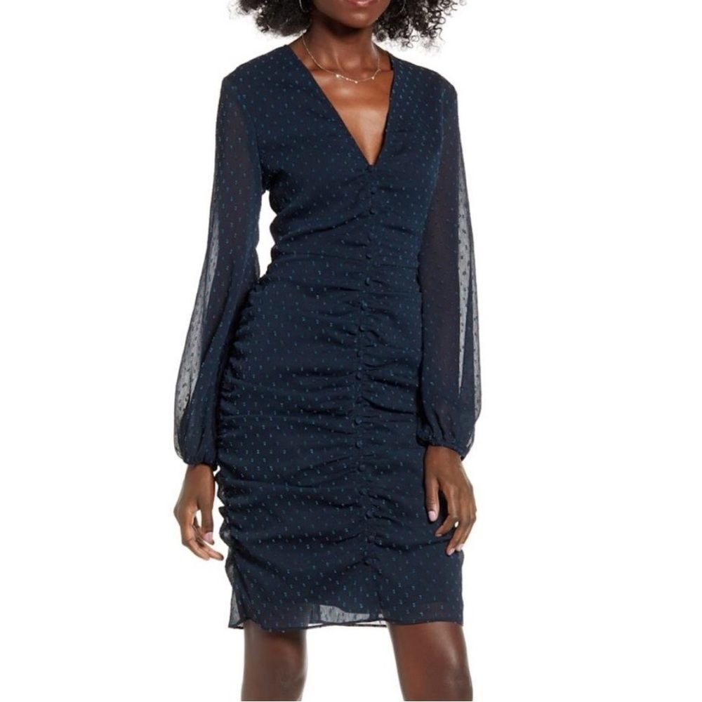 NWT Leith Blue Dot Ruched Sheer Sleeve Dress Size S